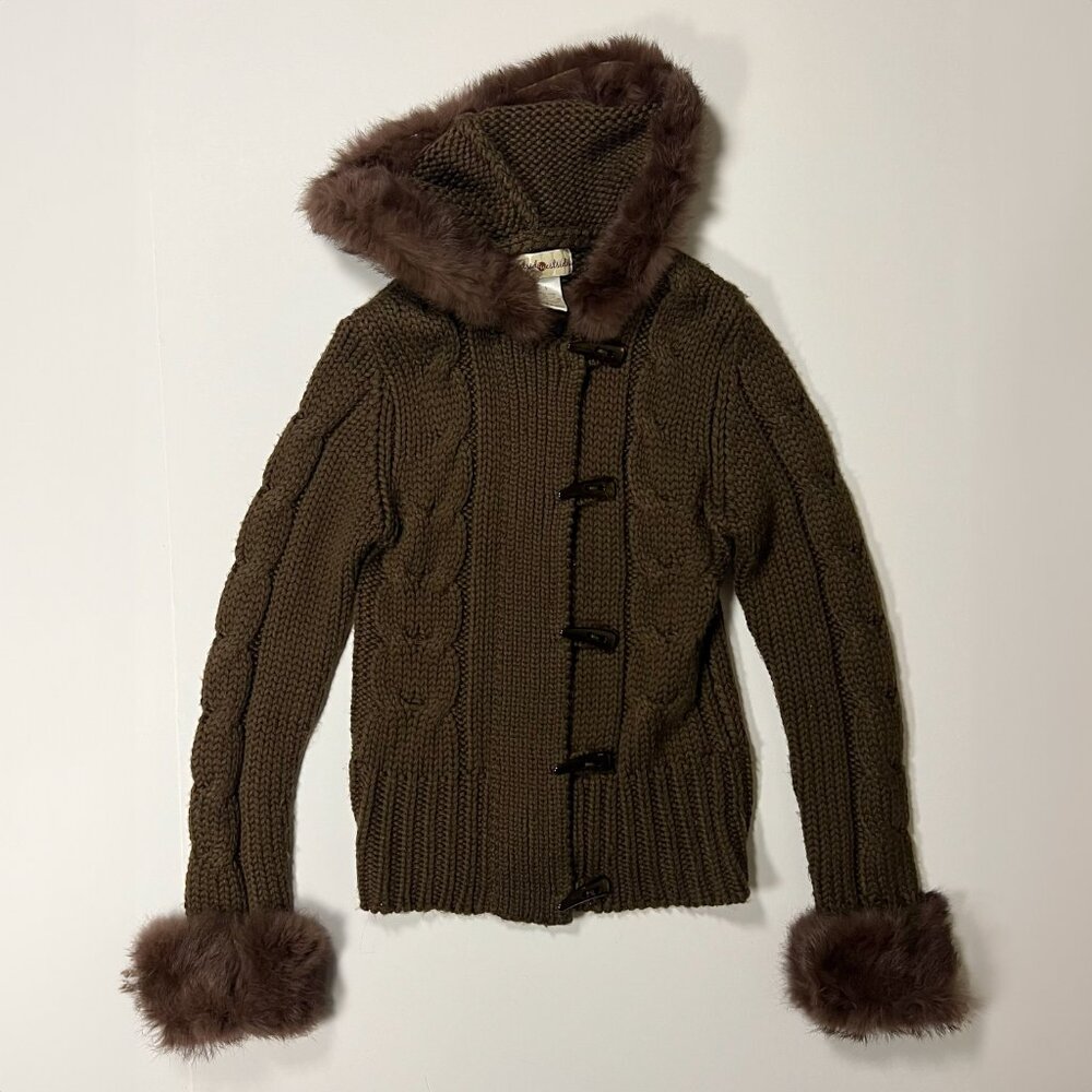 Y2K Toggle-Front Cable Knit Sweater Jacket with Rabbit Fur‎ Trim